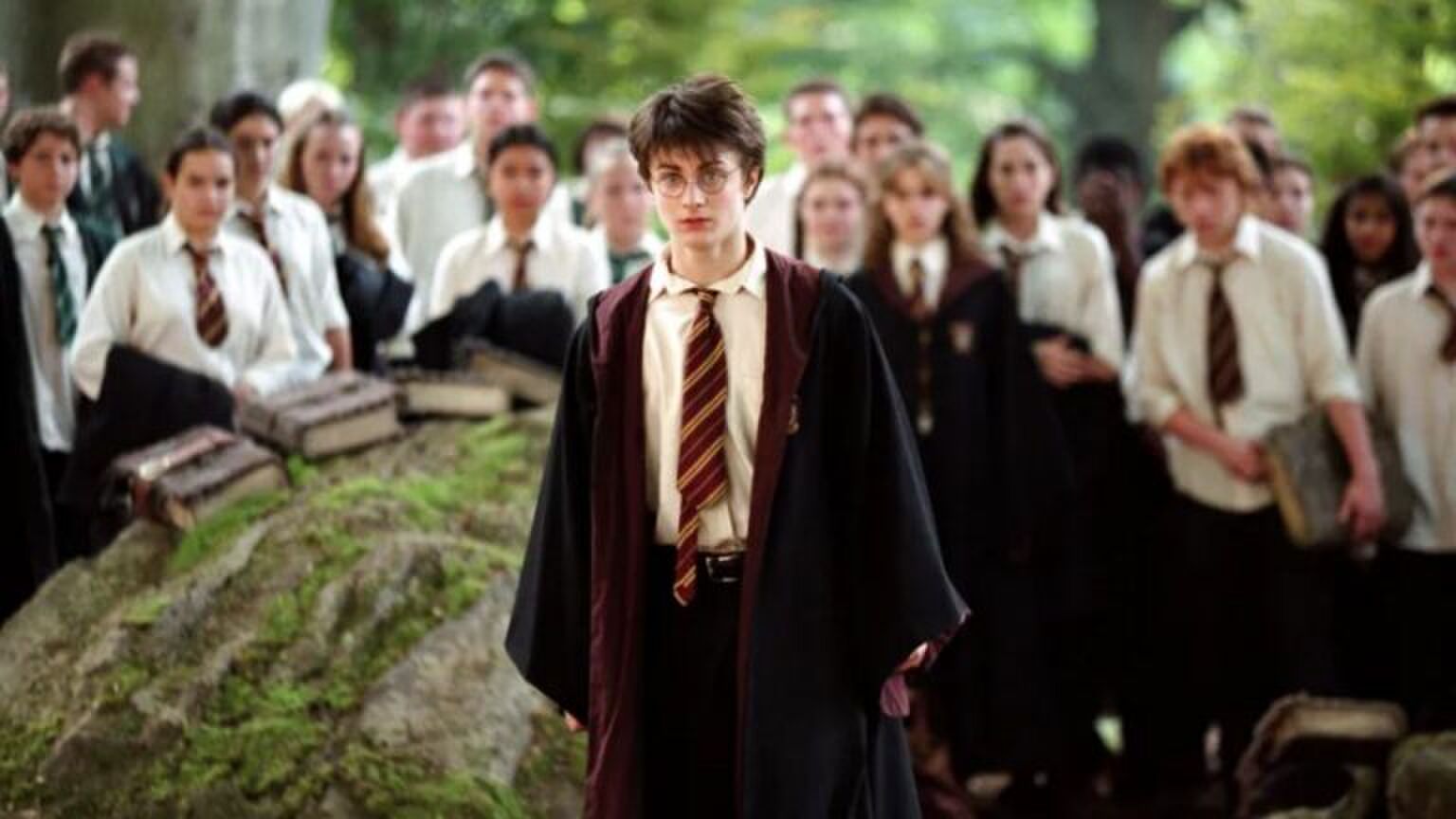 Harry staat in het midden van een groep Hogwarts-studenten.