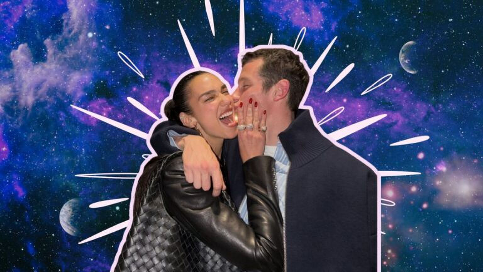 Foto van Dua Lipa en haar man voor een sterrenstelsel achtergrond.