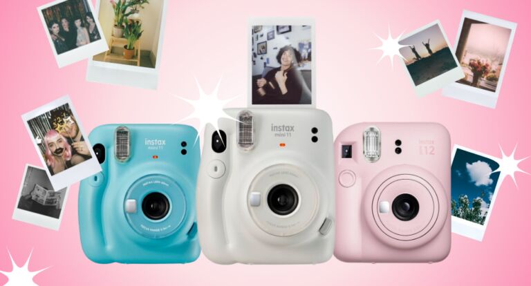 Een collage met Polaroid-camera's en foto's.