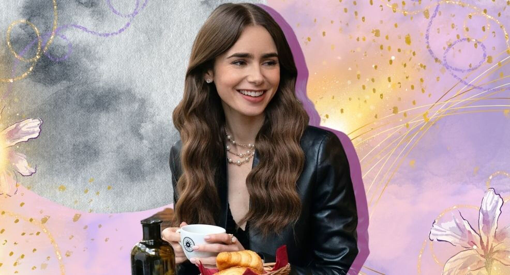 een plaatje van emily uit emily paris met planeet op de achtergrond