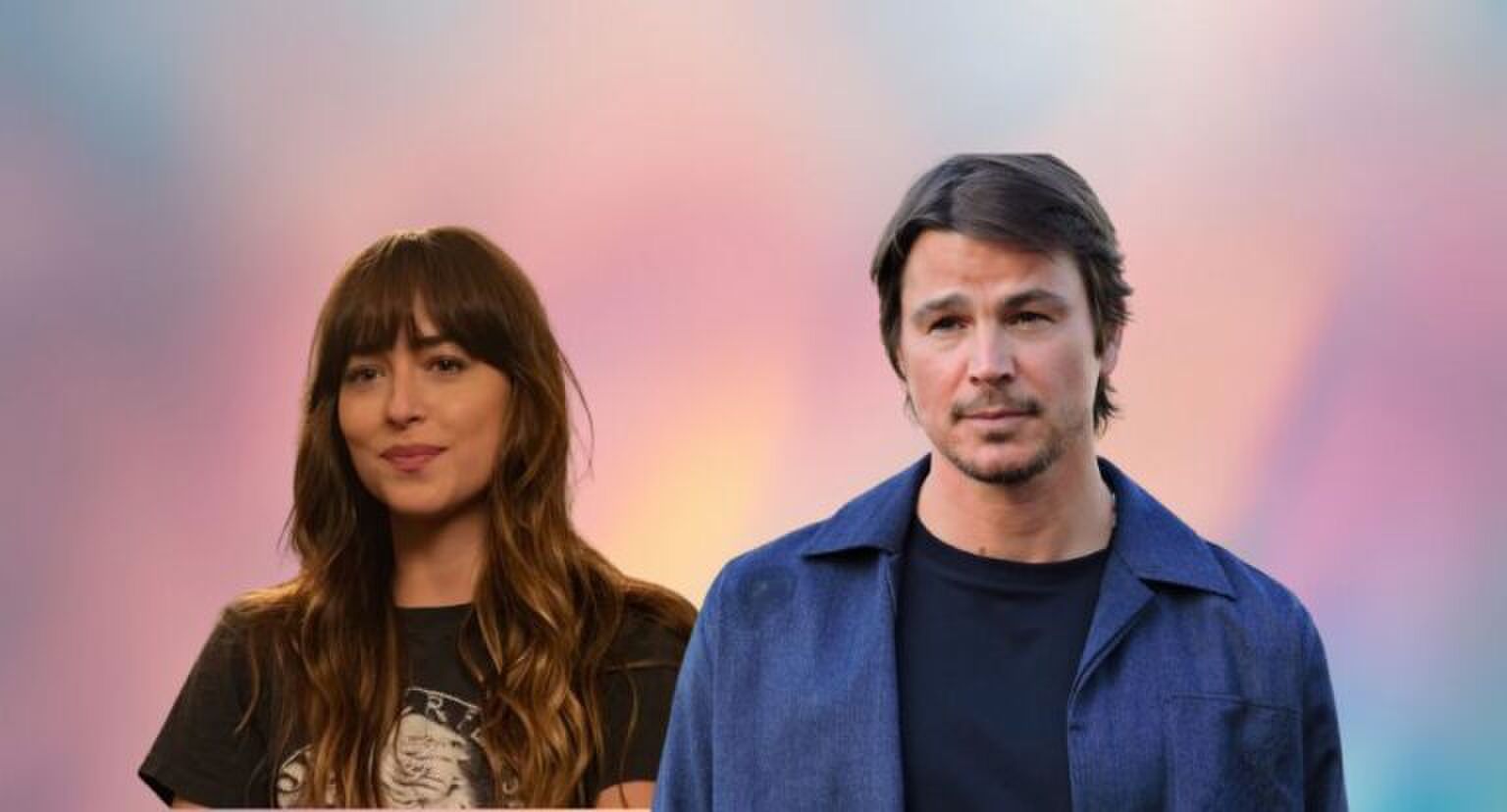Dakota Johnson en Josh Hartnett op een gekleurde achtergrond.