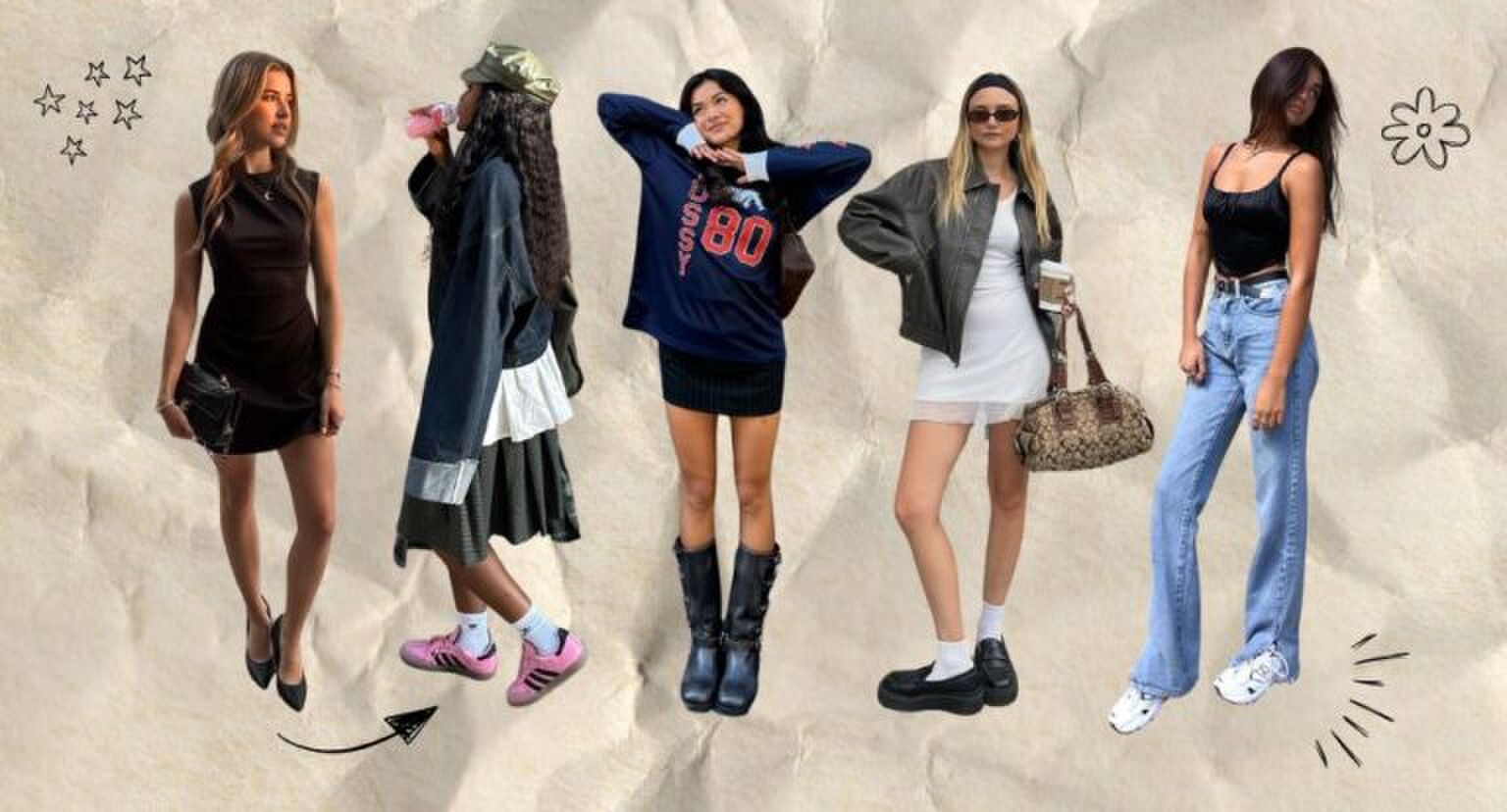 5 meiden op een rijtje op een scrapbook achtergrond.