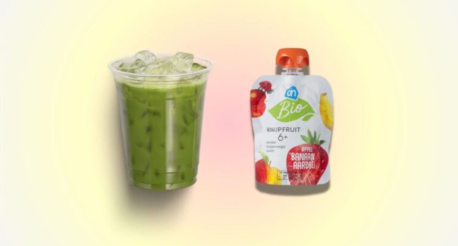 Illustratie van een iced matcha en babyvoeding van AH.