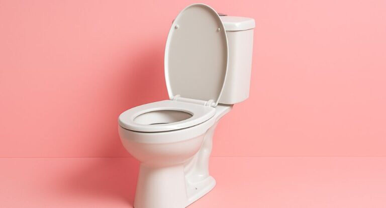 Een foto van een toilet met een roze achtergrond.