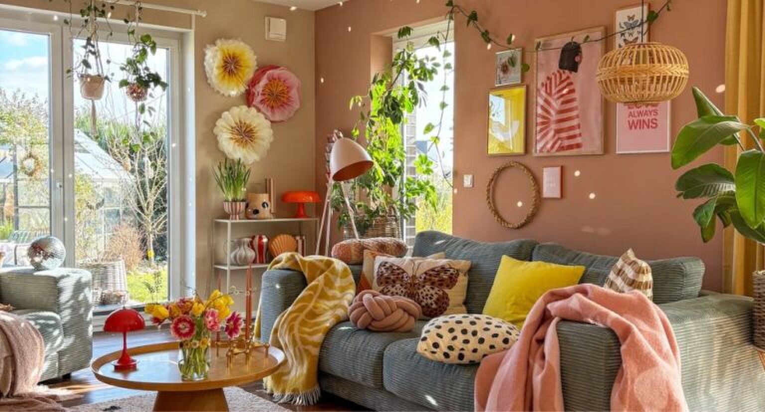 Huiskamer met veel interieur in verschillende kleuren.