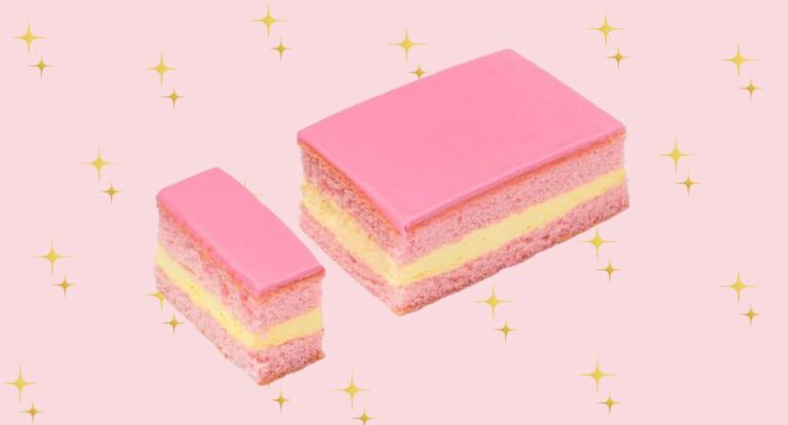 Tompoucetaart op een roze achtergrond met glitters.