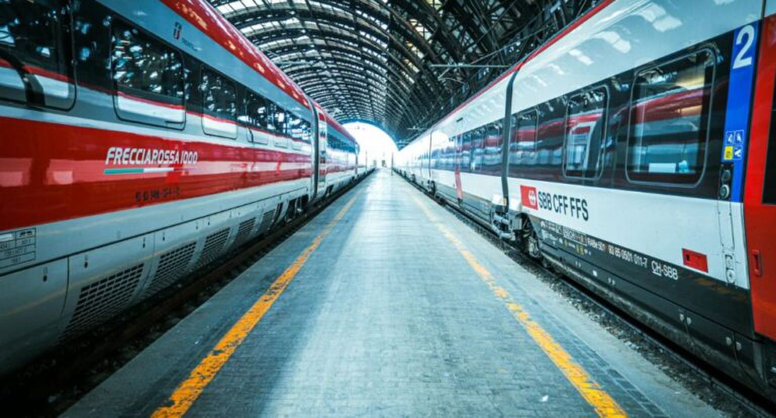 Twee treinen op het station.