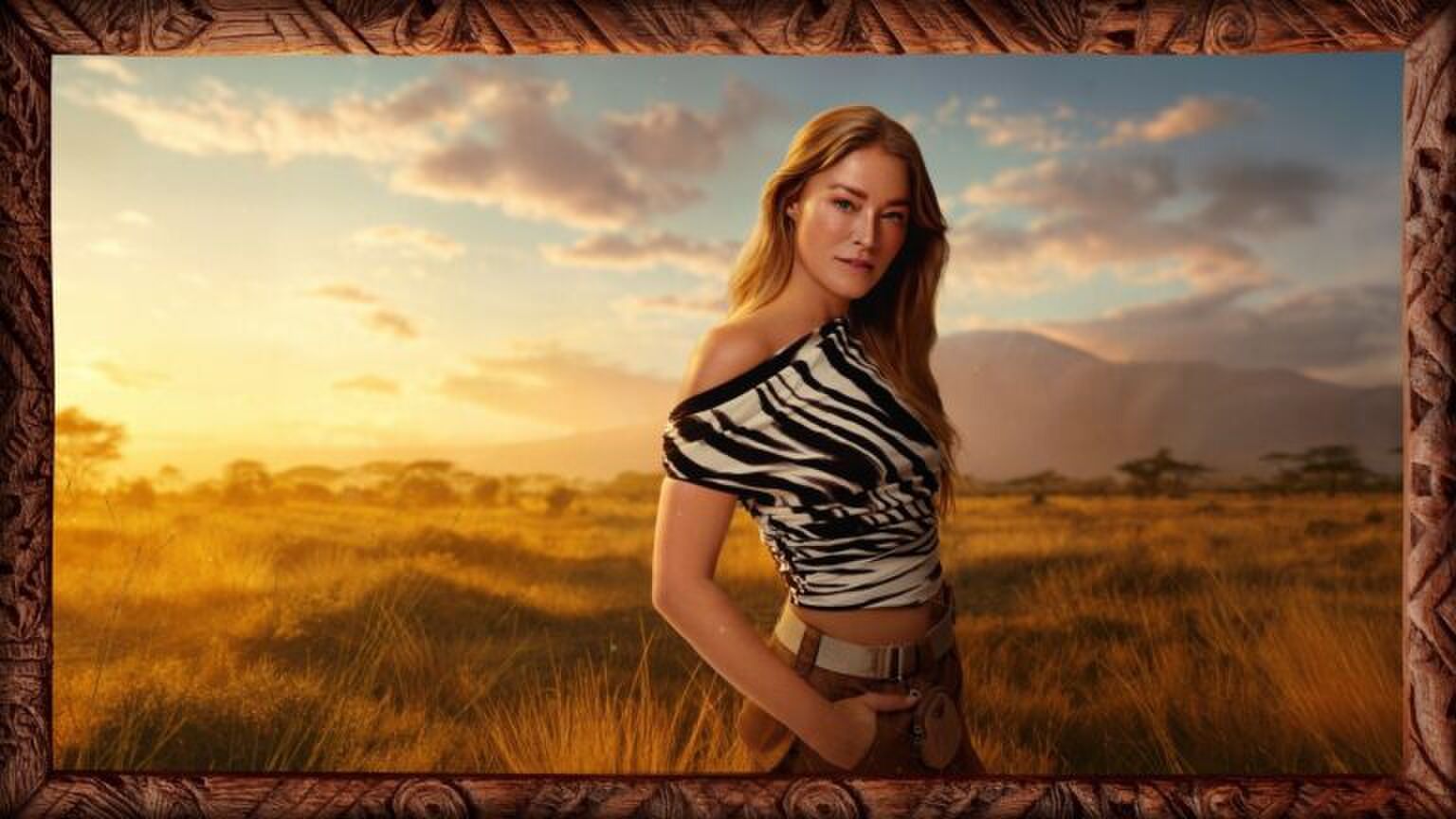 Geraldine Kempers in het promotiebeeld van Echte Jongens op Safari.