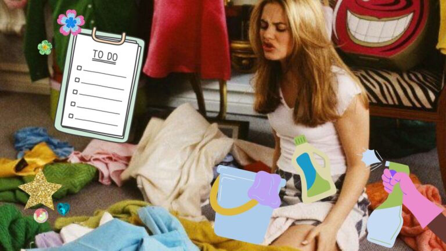 Een meisje zit in een kamer vol troep.