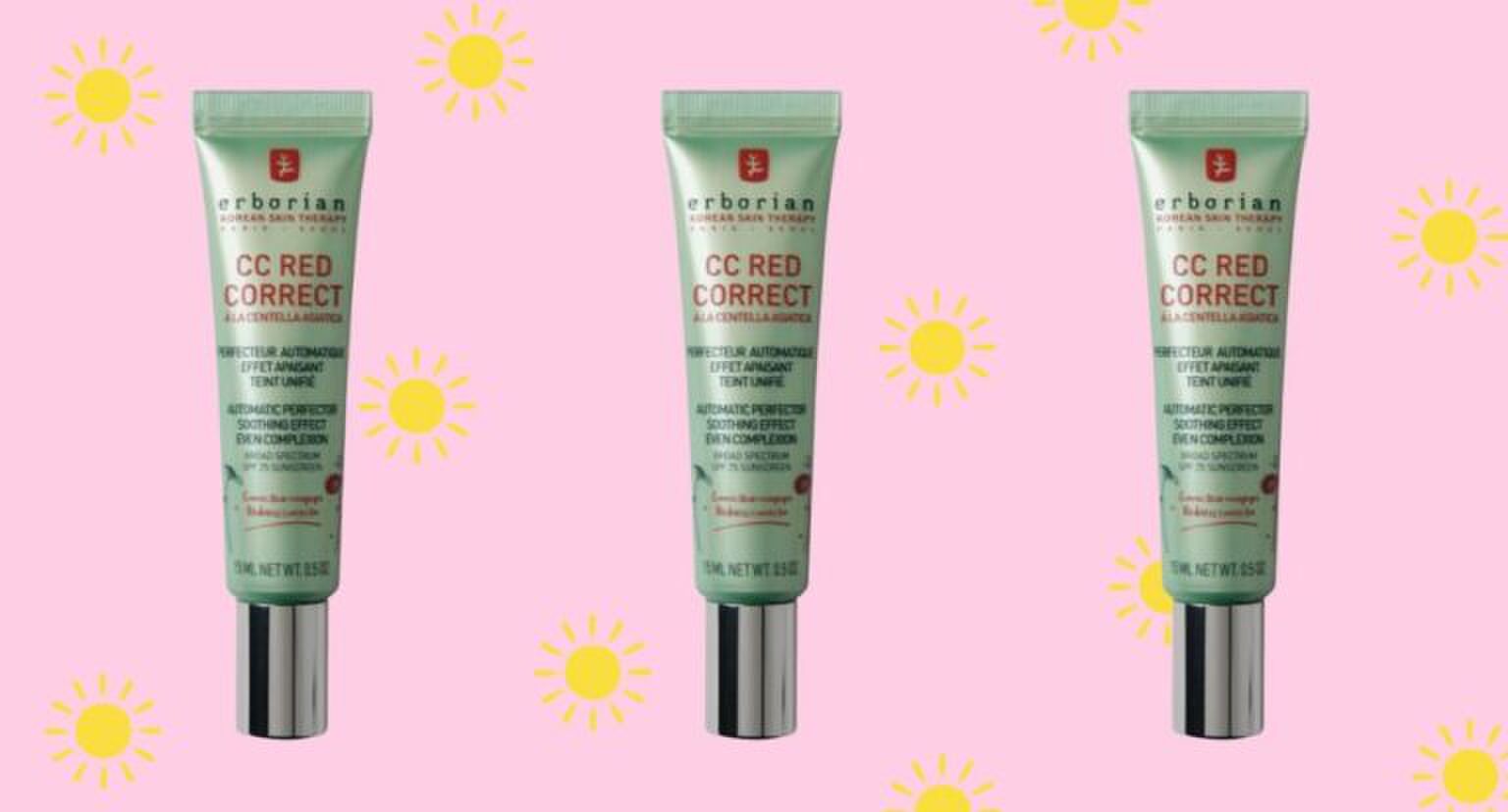 Drie Erborian producten naast elkaar op een roze achtergrond.