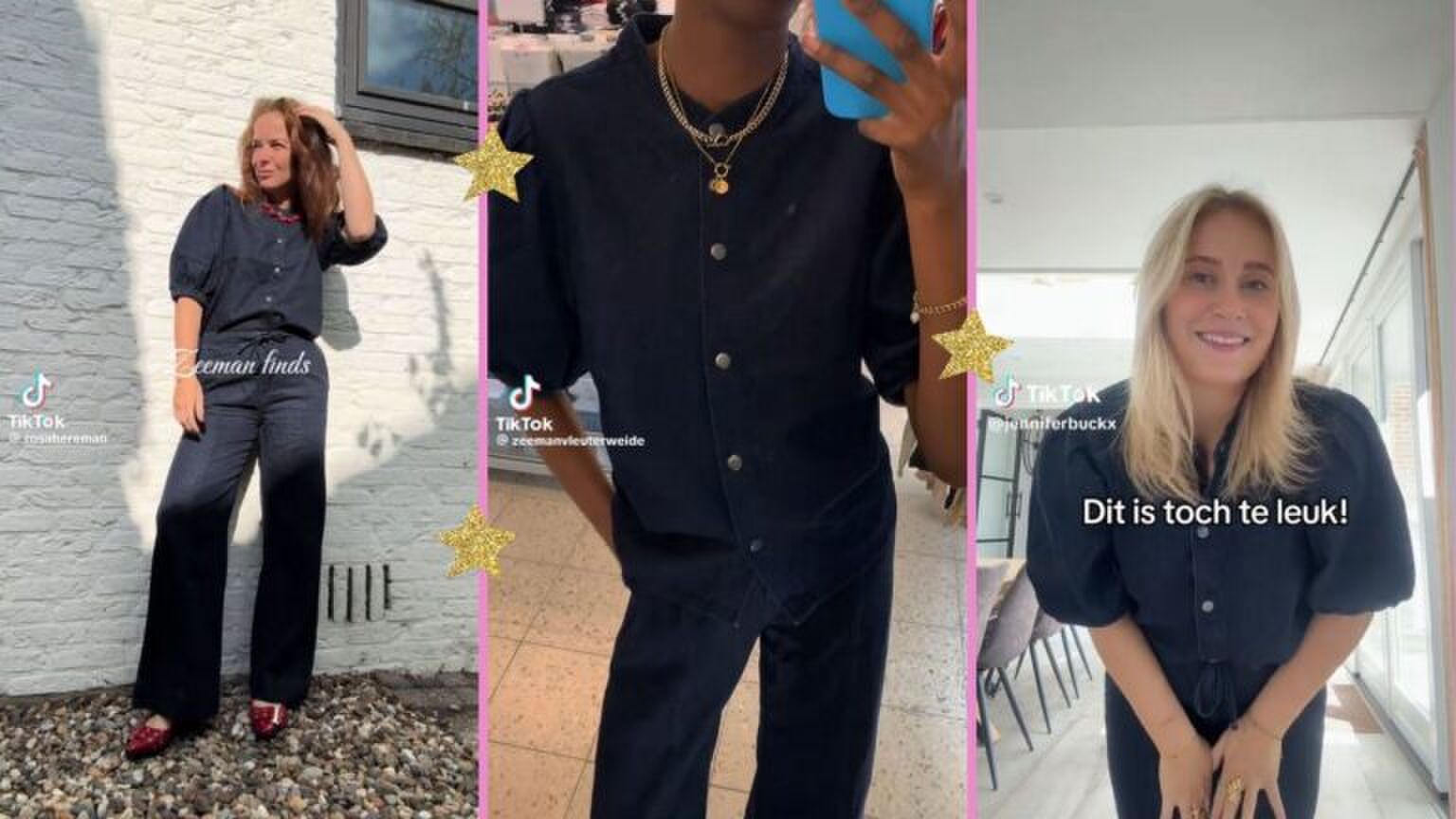 Een aantal Tiktokkers poseren met het nieuwe Zeeman pak aan