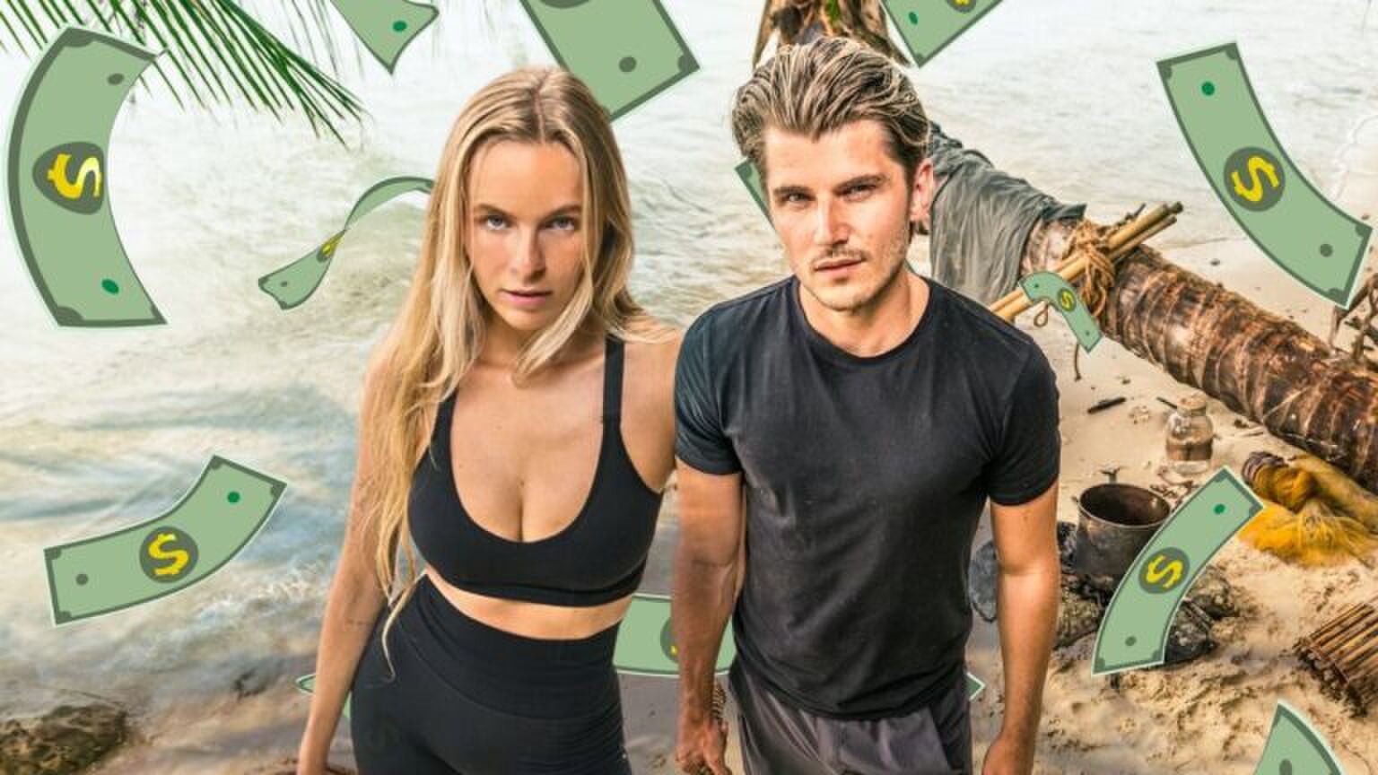 Lies en Twan uit Expeditie Robinson met geld op de achtergrond