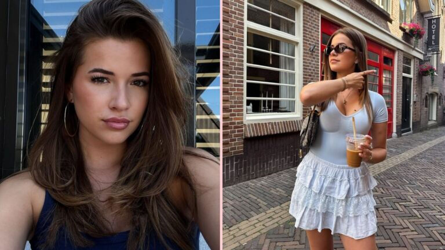 Twee foto's van Jade-Anna. Eentje is een selfie en de ander staat ze op straat met een koffie in haar hand.