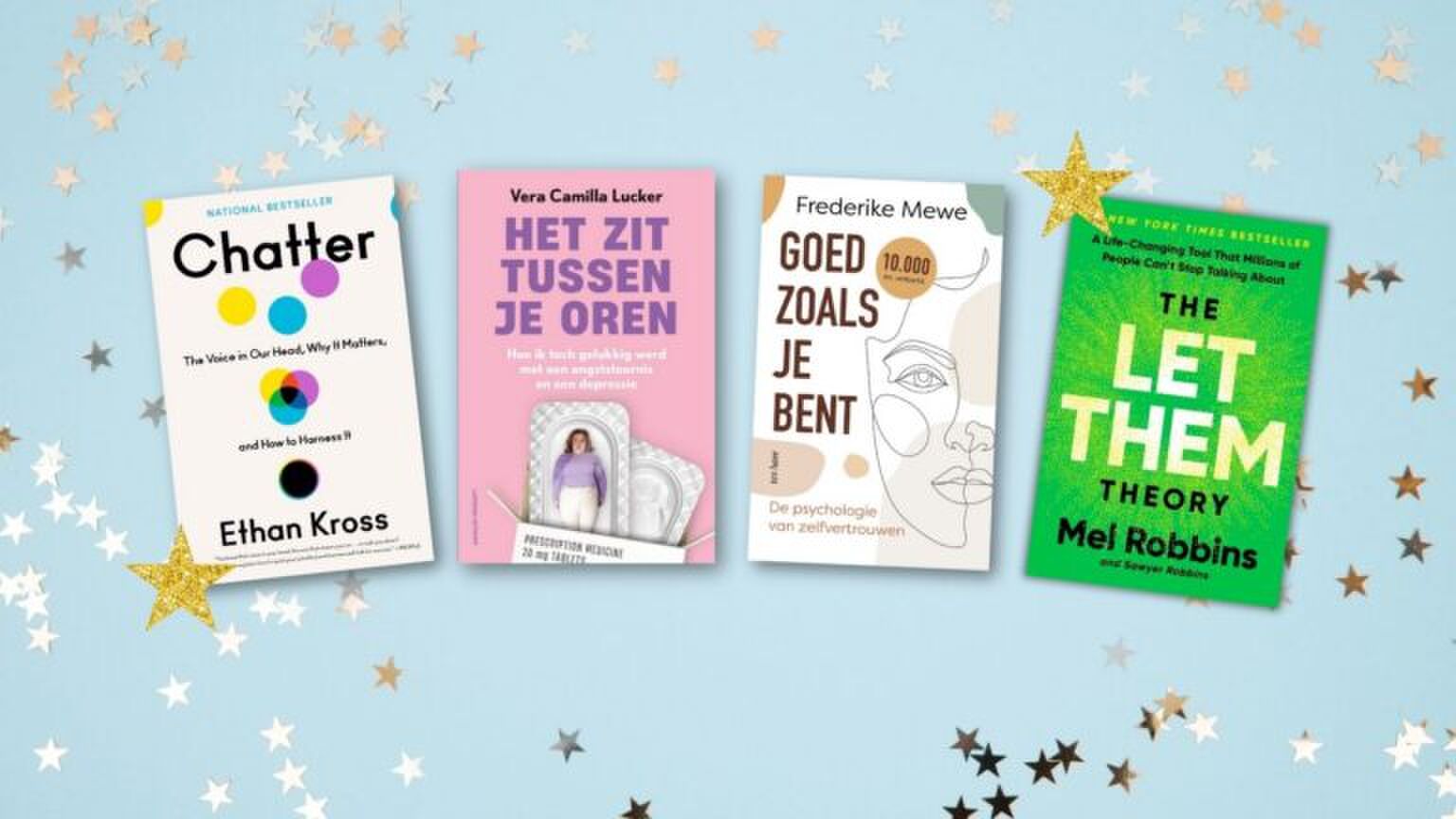 Vier boeken voor een blauwe achtergrond met sterretjes.