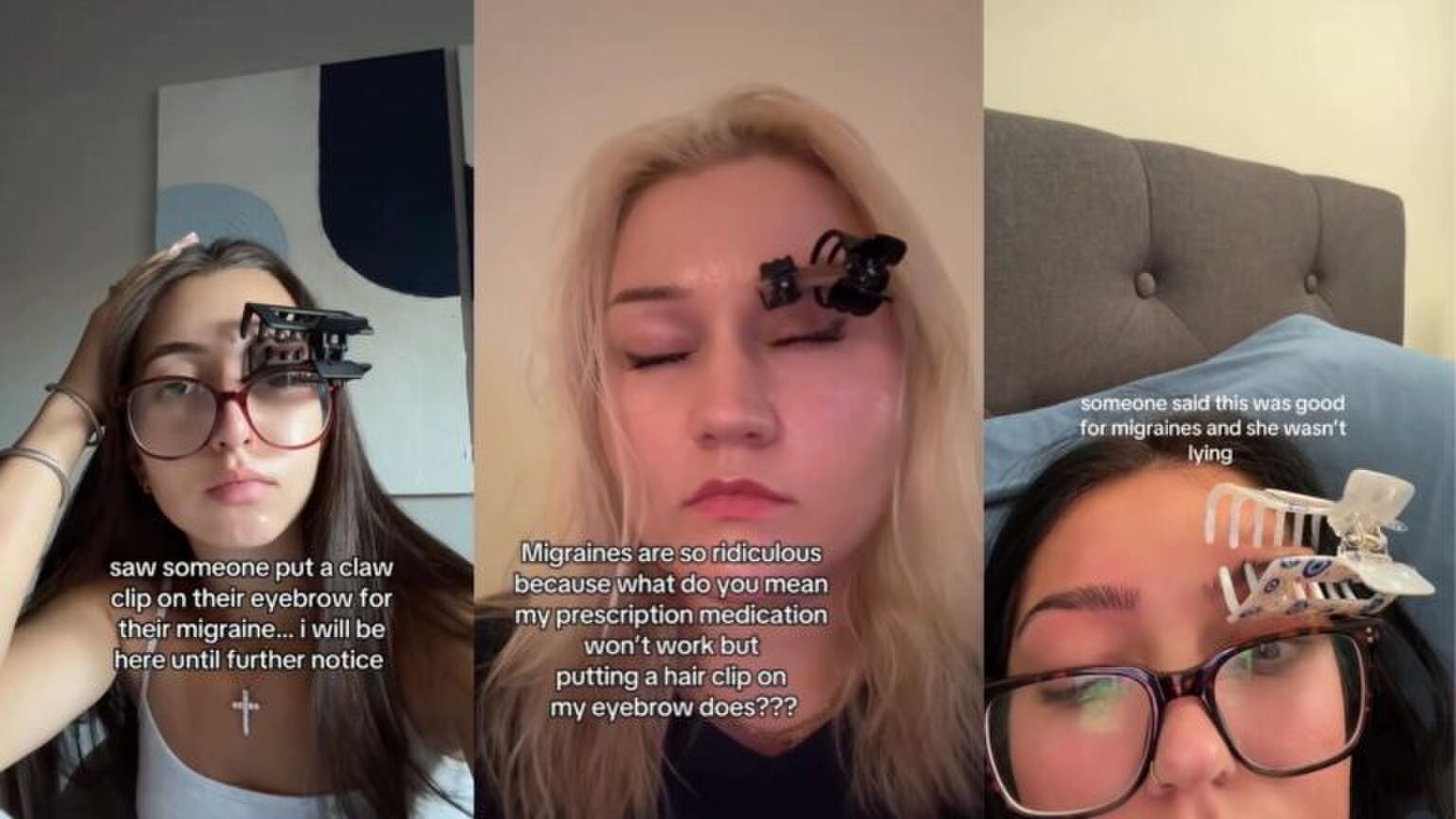 Drie vrouwen verlichten hun hoofdpijn, door een haarclip om hun wenkbrauw heen te klemmen. TikTok-hack.