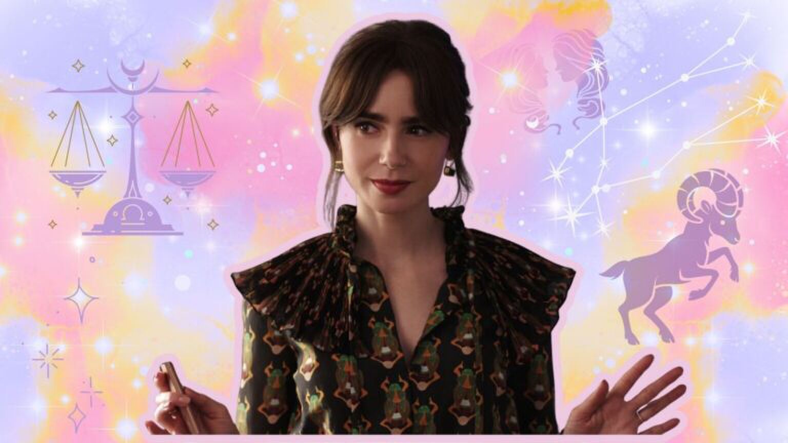 Vrouw is omringd door sterrenbeelden en glitter. Ze kijkt wispelturig. Afbeelding uit: Emily in Paris.