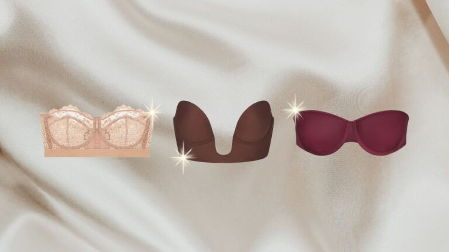 Drie verschillende strapless bh&acute;s voor een satijnen achtergrond.
