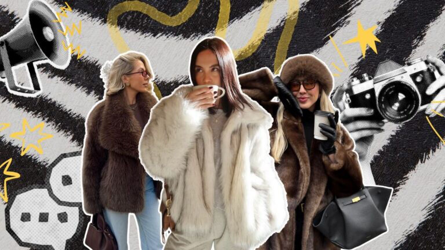 Collage van verschillende vrouwen in een bontjas.