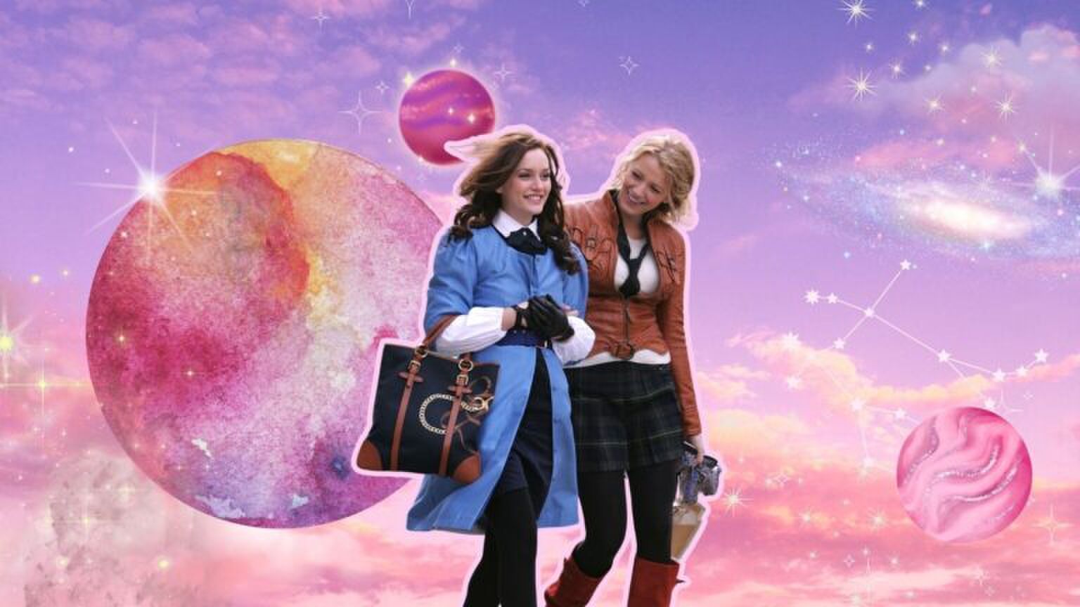 Twee vrouwen voor achtergrond met planeten en sterren.