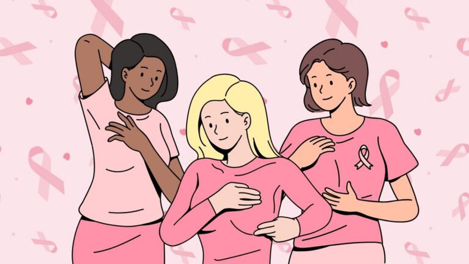 Drie vrouwen controleren hun borsten in teken van borst kankermaand.