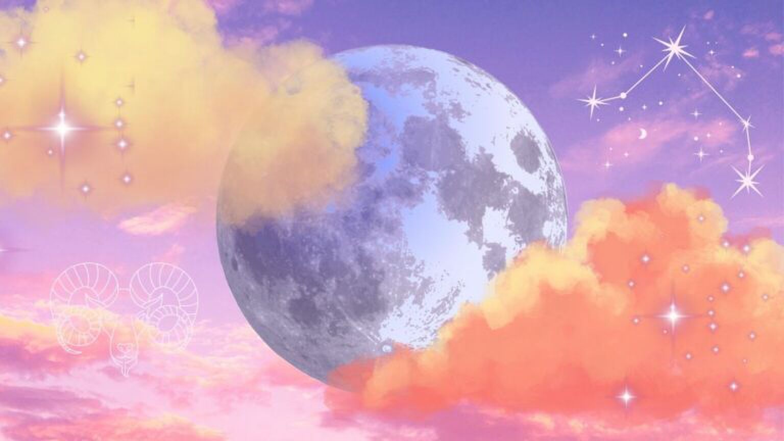 Maan is omringd door wolken, sterren en sterrenbeelden.
