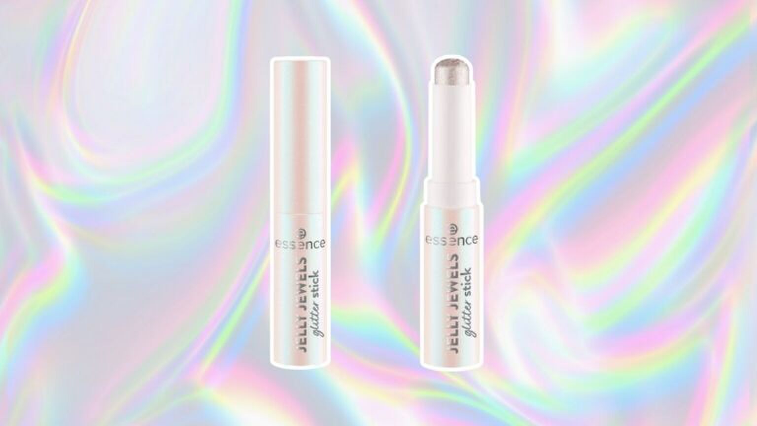 Essence Jelly Jewels Glitterstick staat voor een holografische achtergrond.