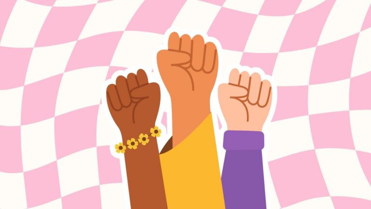 Afbeelding van geillustreerde vrouwen handen die een vuist vormen. Ze worden omhoog gestoken in de lucht, als vorm van protest.