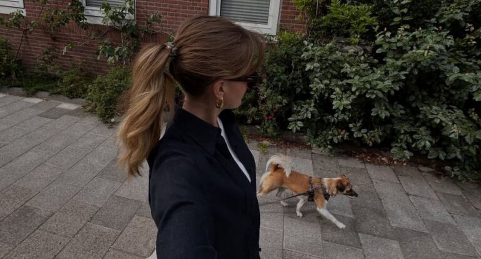 Vrouw loopt met haar hondje.
