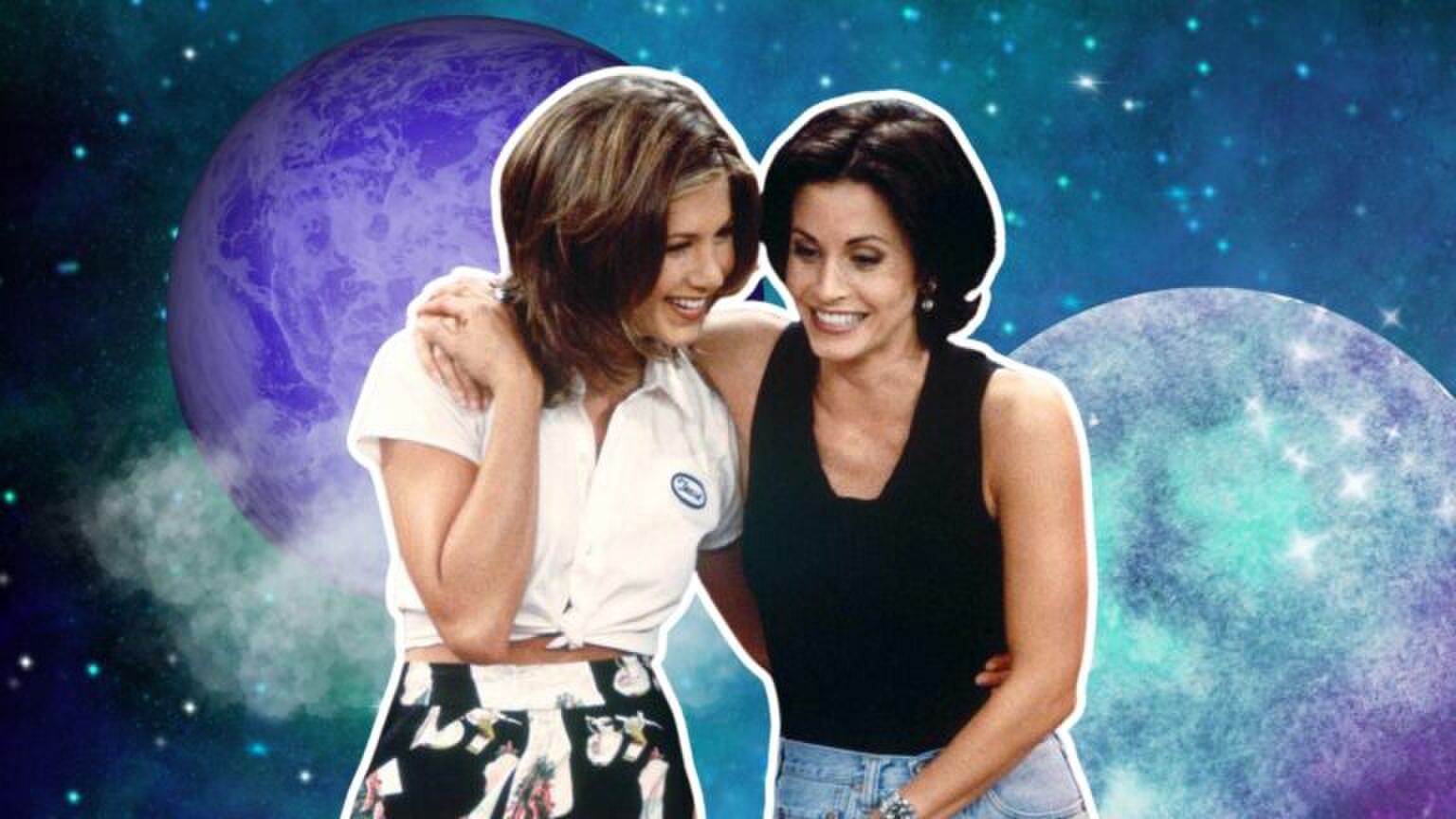 Monica en Rachel uit Friends knuffelen.