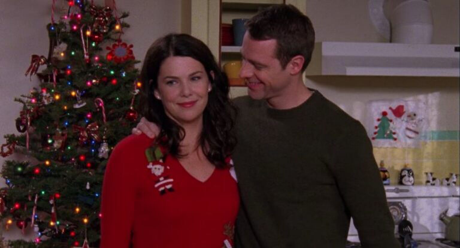 Christopher en Lorelai in kersttruien.