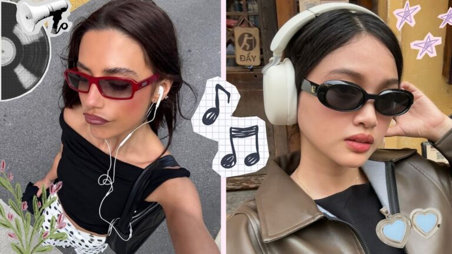 Collage van twee vrouwen die naar podcasts luisteren.