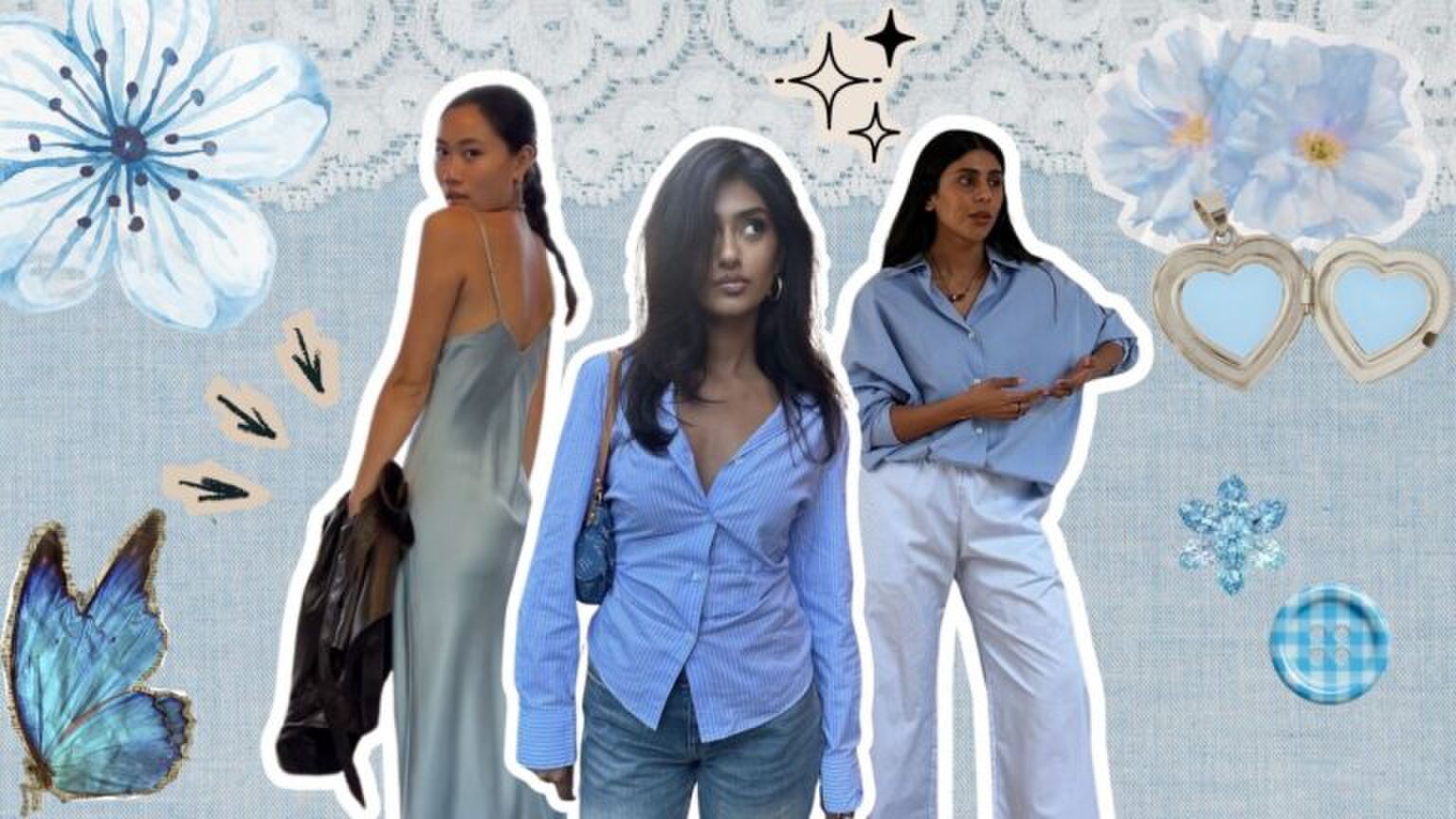 Collage van lichtblauw outfits.