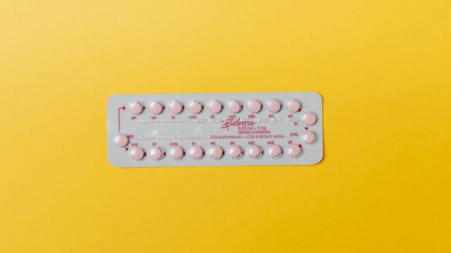 Anticonceptie pil met gele achtergrond.