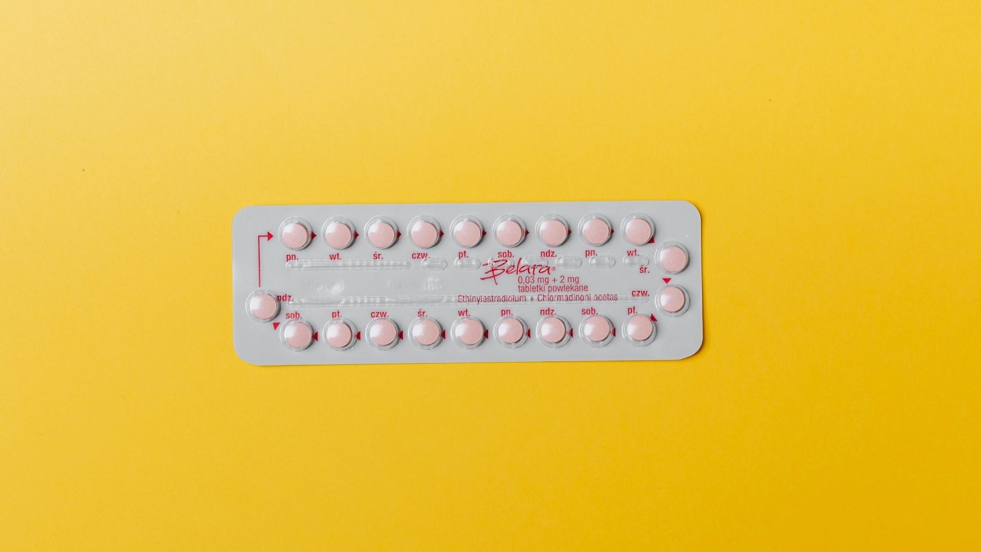 Anticonceptie pil met gele achtergrond.