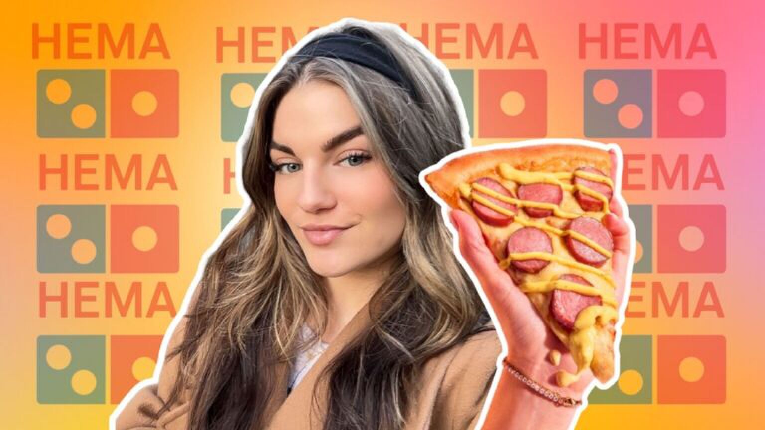 Meisje met een pizzapunt en de logo's van HEMA en Domino's op de achtergrond.