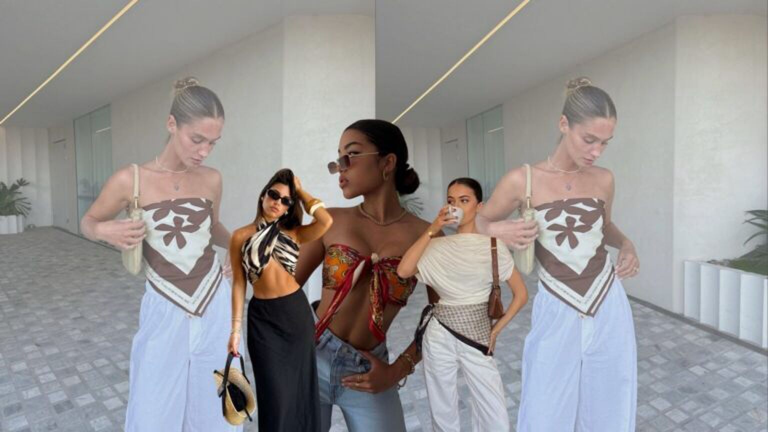 Verschillende meisjes met scarf-topjes aan.