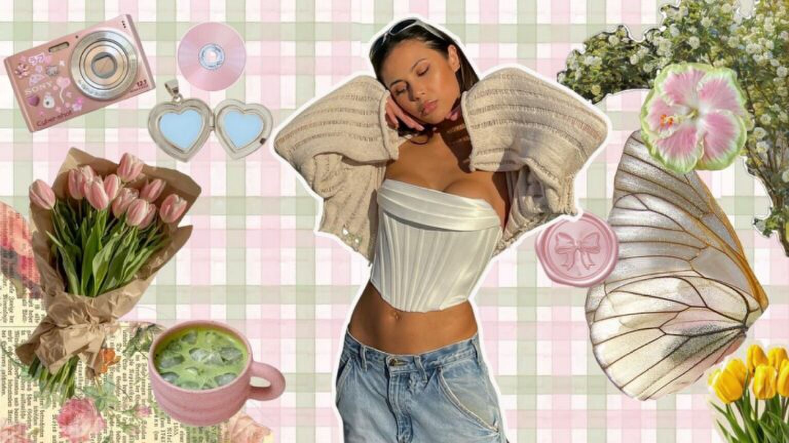 Collage van lente-outfits met een meisje op de voorgrond, gekleed in een stijlvolle voorjaarslook.