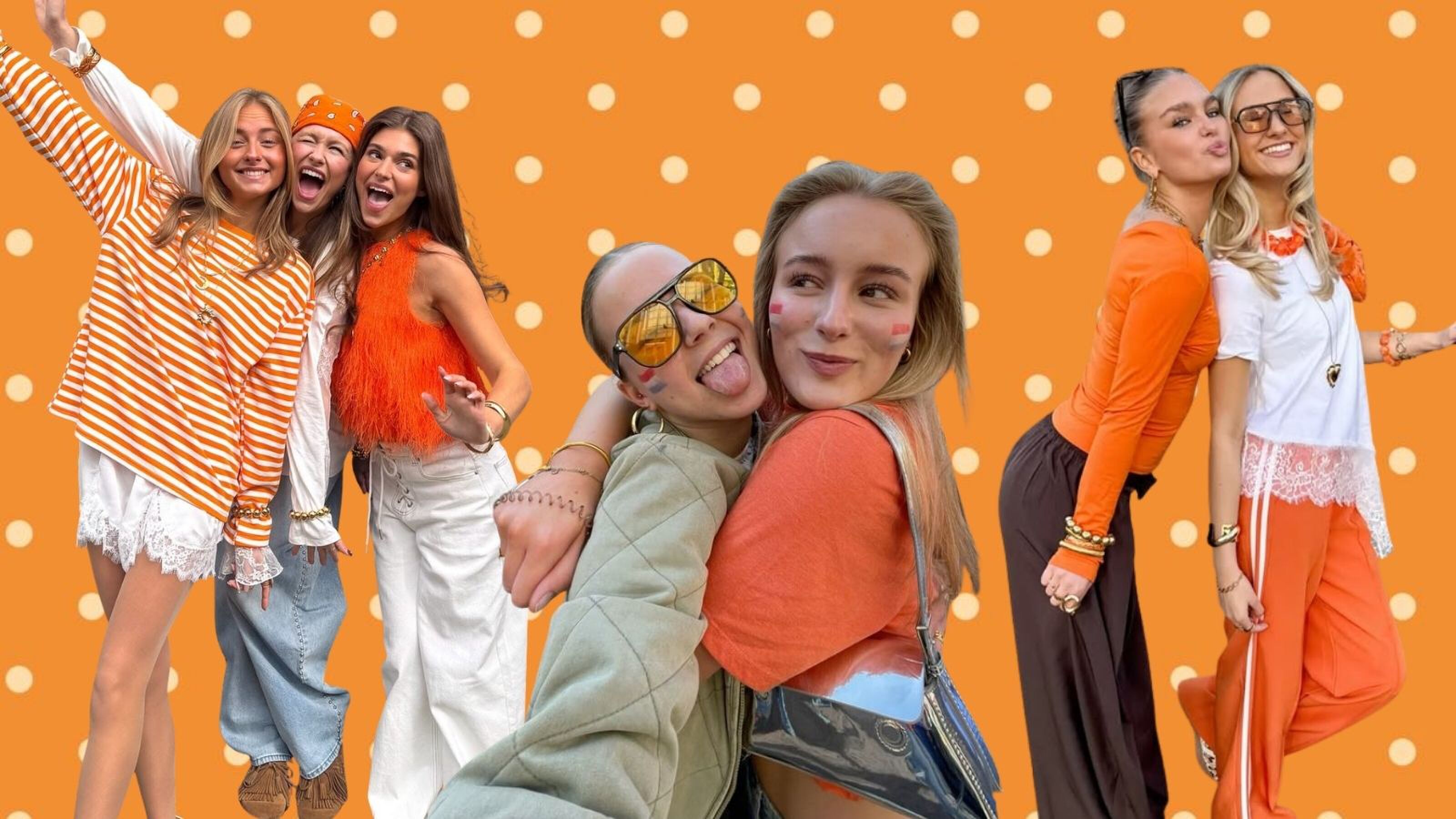 Verschillende meisjes met oranje kleding aan.