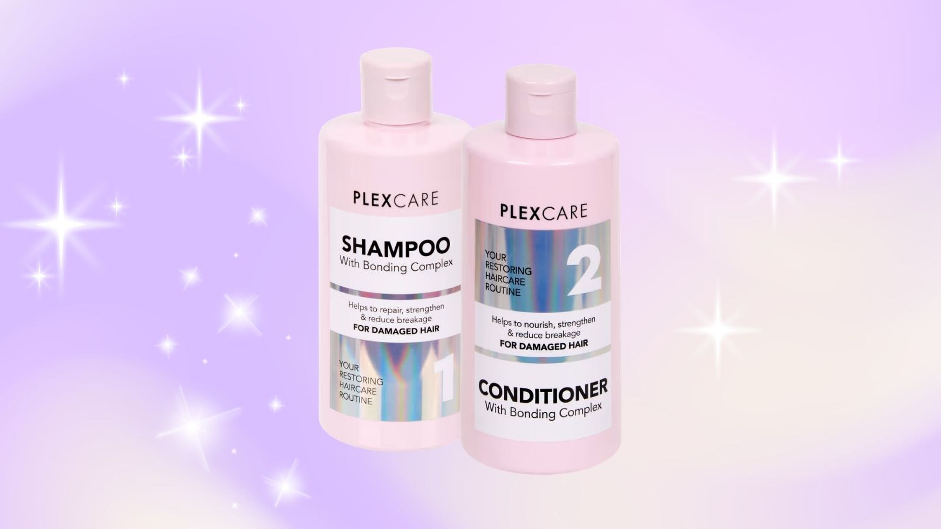 Plex Care haarverzorgingslijn van Action voor een paarse achtegrond met sterren.