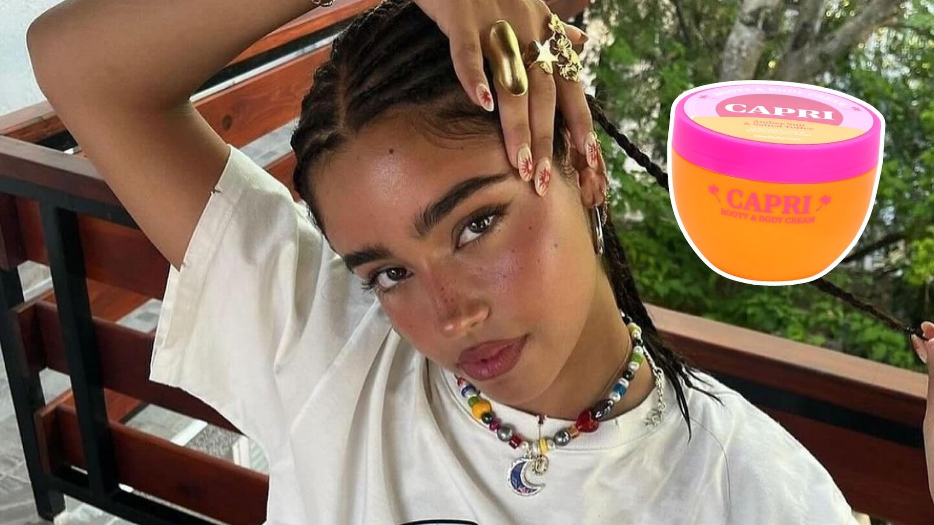 Foto van influencer Yasmin Barbieri. Naast haar is een foto van The Beauty Dept. Booty & Body cr&egrave;me van Action geplakt.