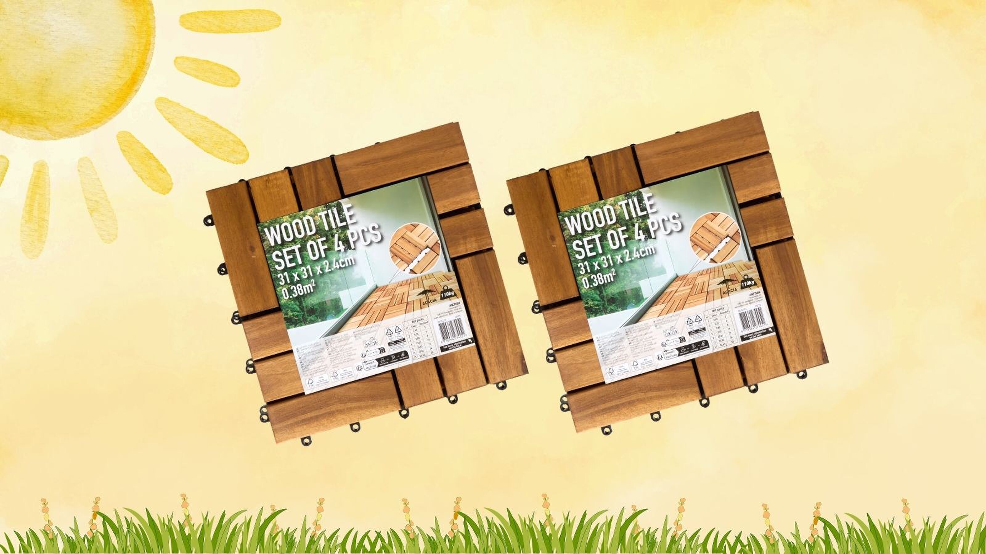 De zon en gras samen met de terras tegels van Action.