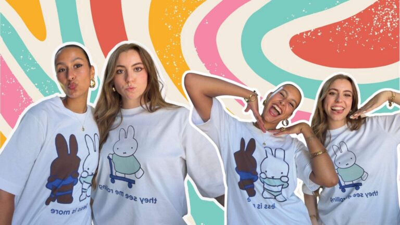 Meisjes dragen de nieuwe HEMA x Nijntje collectie. Ze staan voor een kleurrijke achtergrond.