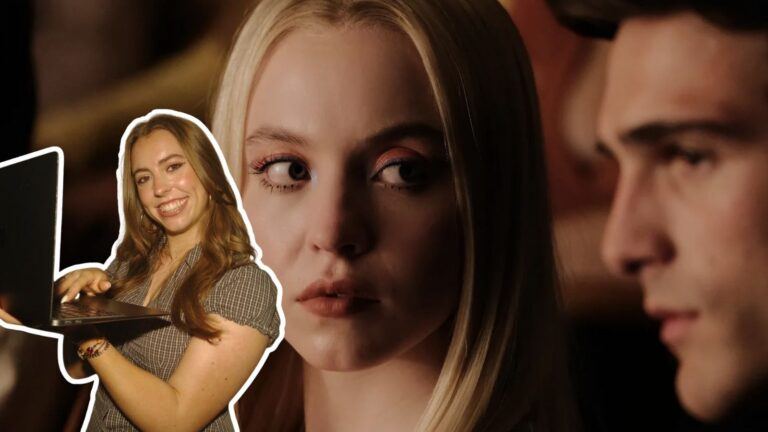 Meisje met laptop staat voor een achtergrond van Cassie en Nate uit Euphoria.