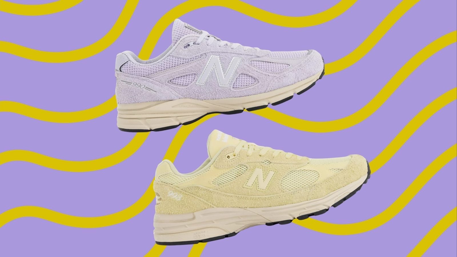 Lila en gele New Balance sneakers.