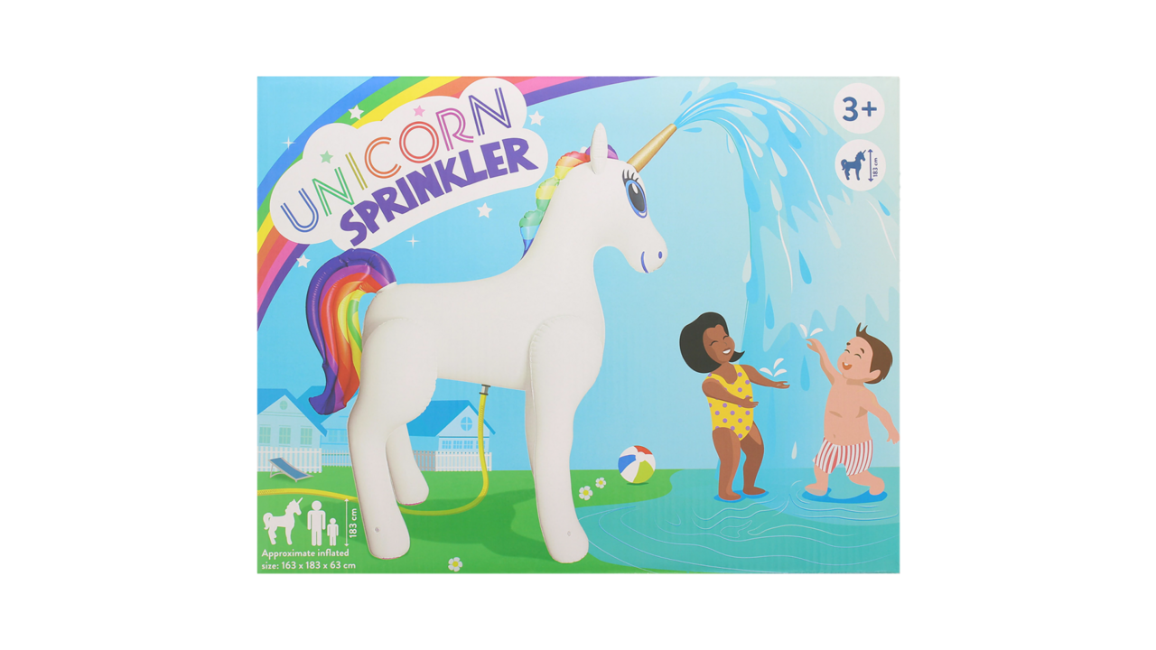 Illustratie voor: Action verkoopt een levensgrote unicorn sproeier
