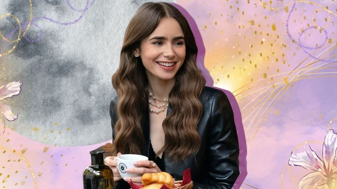 een plaatje van emily uit emily paris met planeet op de achtergrond