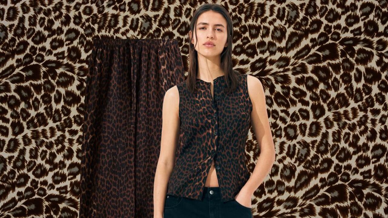 h&m model met luipaardprint setje, met luipaardprint achtergrond