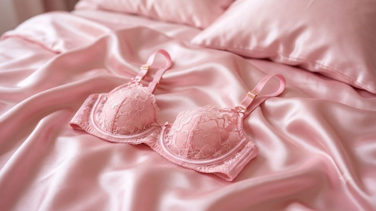 Roze bh op satijnen dekbed.