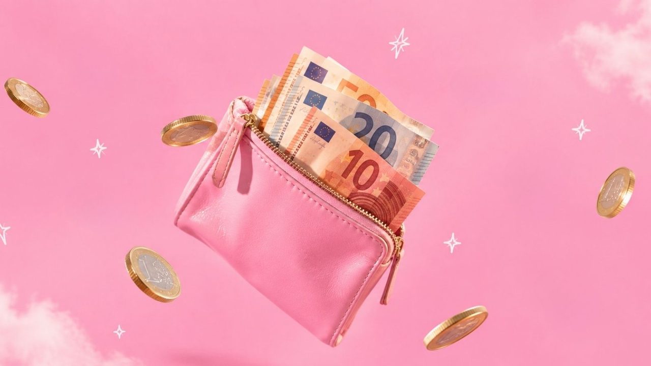 Roze portemonnee met geld.