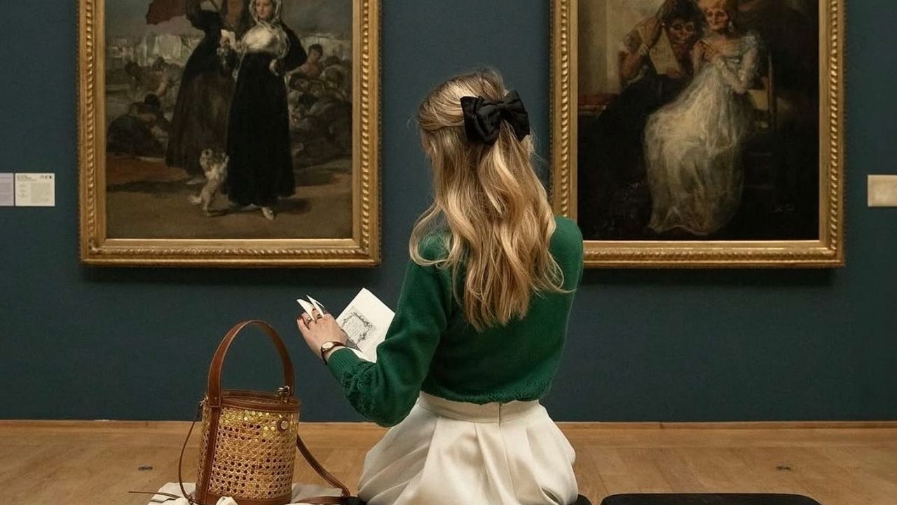 Meisje zit in een museum, ze leest een boek.